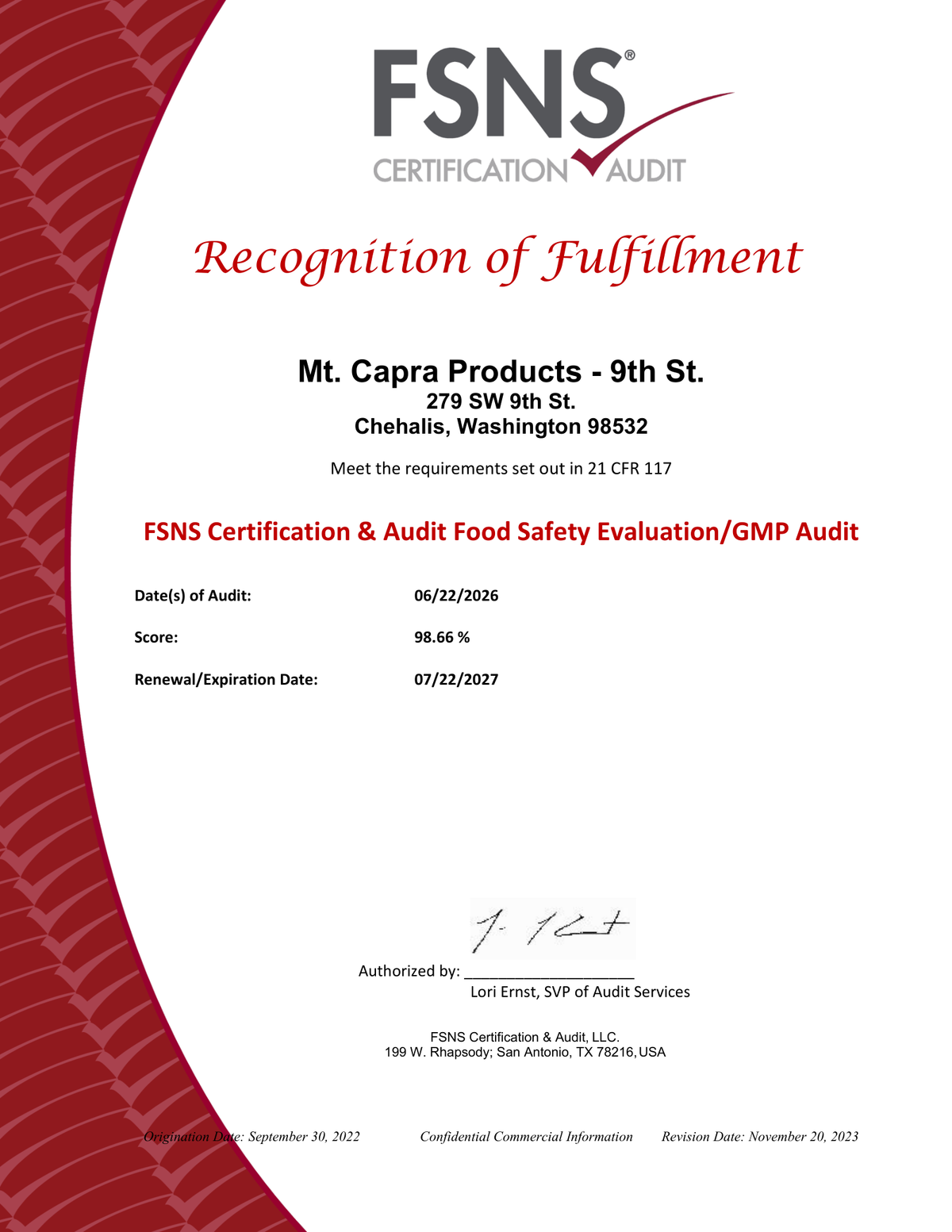 Audit recognition certificate